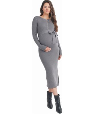 Women's Ribbed Button-Down Belted Nursing Dress