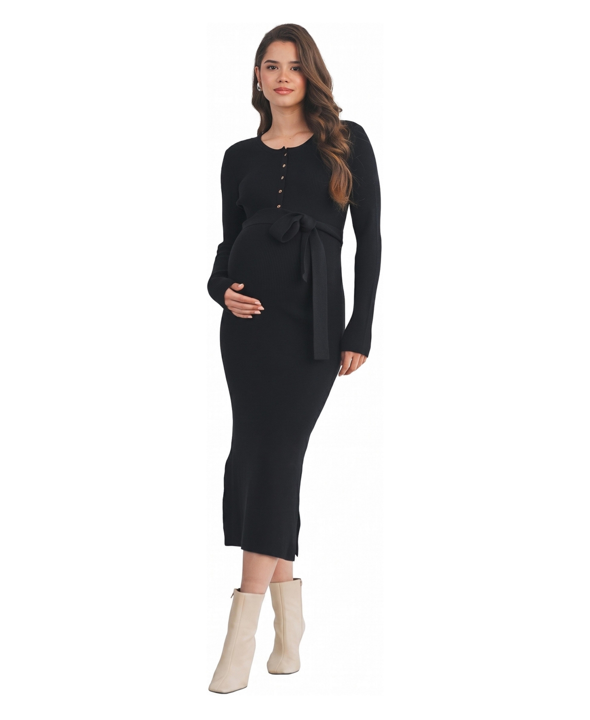 Hello Miz Women's Ribbed Button-Down Belted Nursing Dress