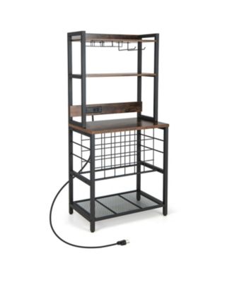 Wine Bar Cabinet Rack with 4-Tier Storage Shelves and Glass Holders