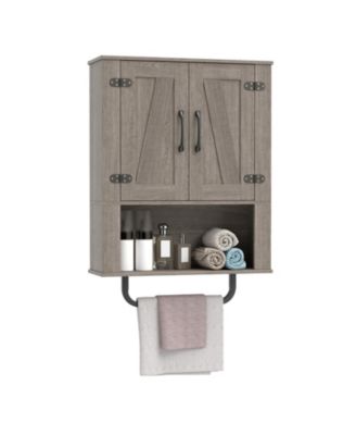 Bathroom Wall Cabinet with 2 Barn Doors, Towel Bar and 3 Tiers, Wall Mounted Bathroom Storage Cabinet