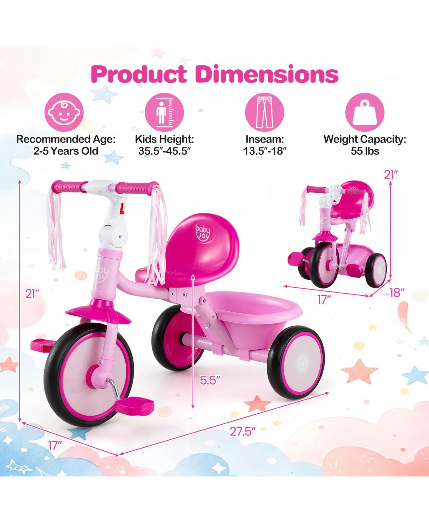 Детская игрушка Costway Foldable Toddler Tricycle with Light-Up Wheels and Adjustable Seat, 55 lb. Capacity, Ages 2-5, цвет: Розовый — фото 5