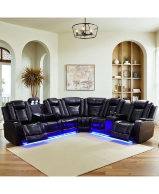 210 in. L-Shape Recliner Sofa Set, Leather Sectional Sofa with 6 Seats, USB, Wireless Charging, Electric Reclining, LED and Cup Holders