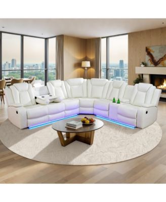 210" Straight Arm Leather L-Shape Recliner Sofa Set, 6-Seat Sectional with USB and Wireless Charging for Living Room
