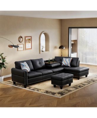 Faux Leather 3-Piece Sofa Set with Storage Ottoman, Reversible Coffee Table and Cup Holders for Living Room