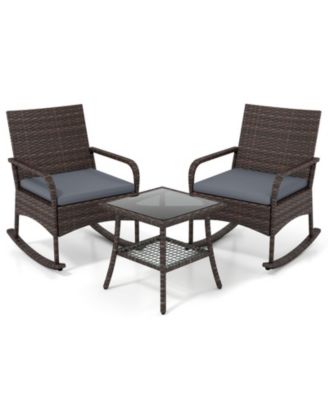 Wicker Rocking Chair Bistro Set Featuring Two-Tier Side Table