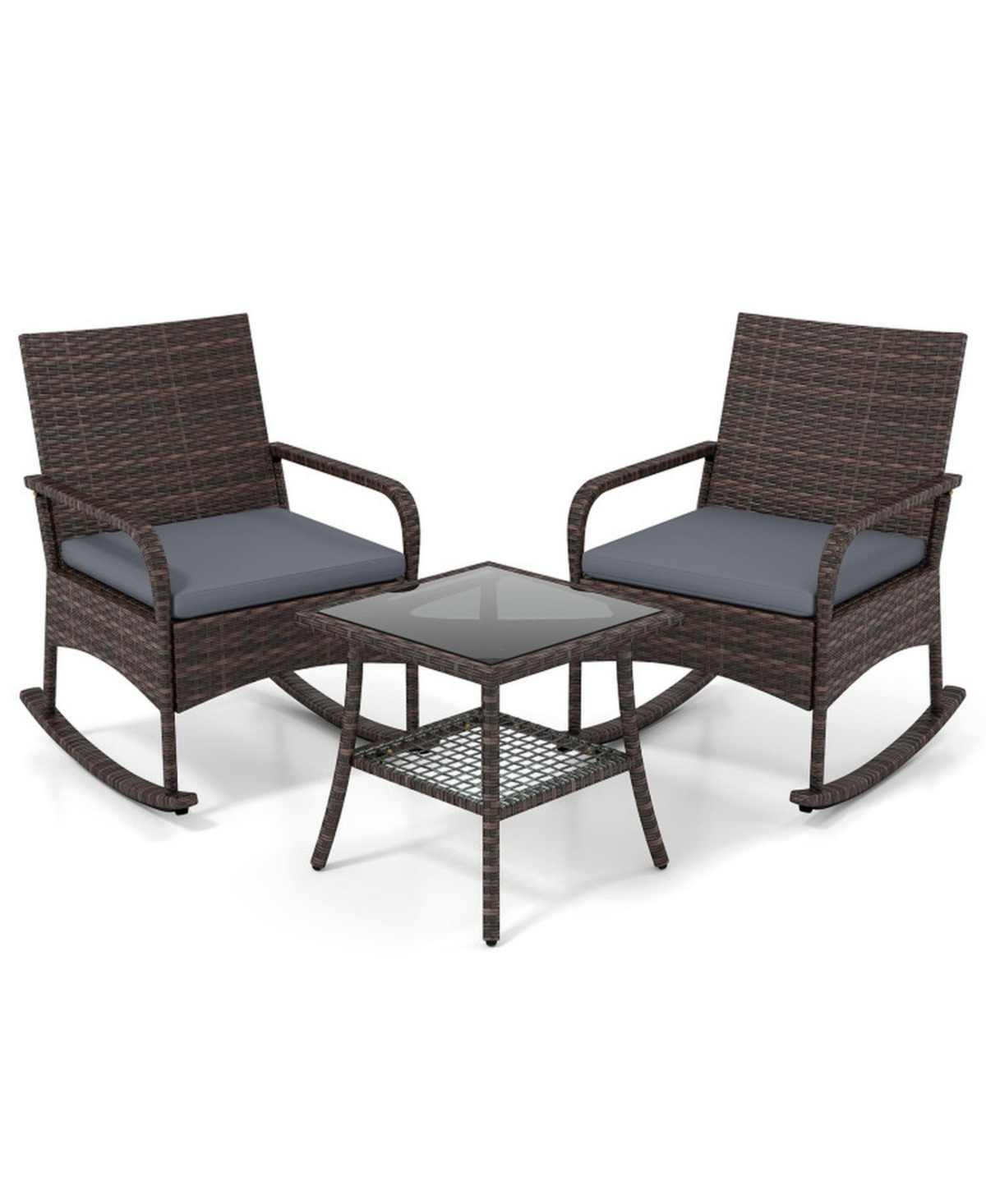 Gouun Wicker Rocking Chair Bistro Set Featuring Two-Tier Side Table