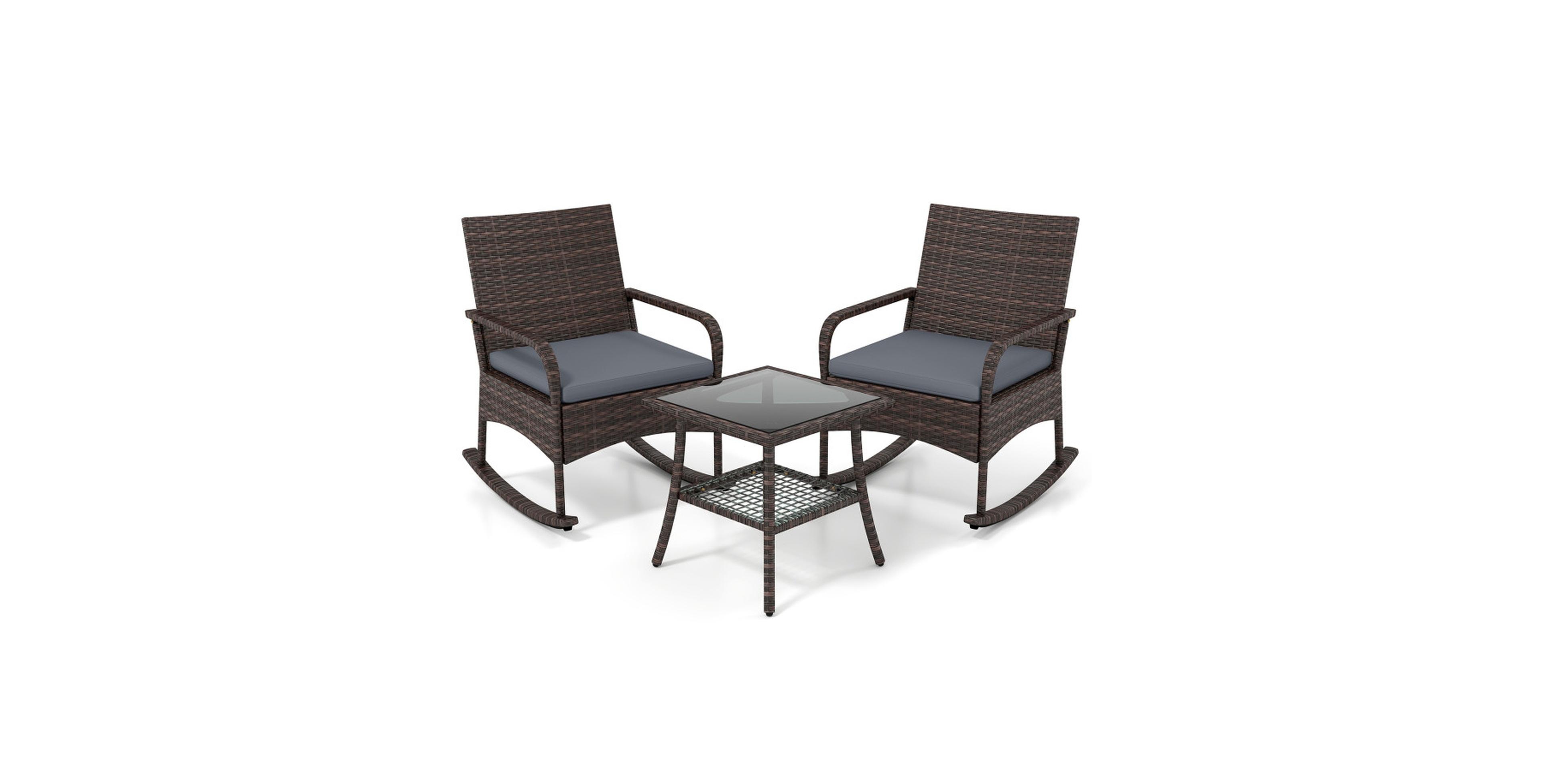 Gouun Wicker Rocking Chair Bistro Set Featuring Two-Tier Side Table
