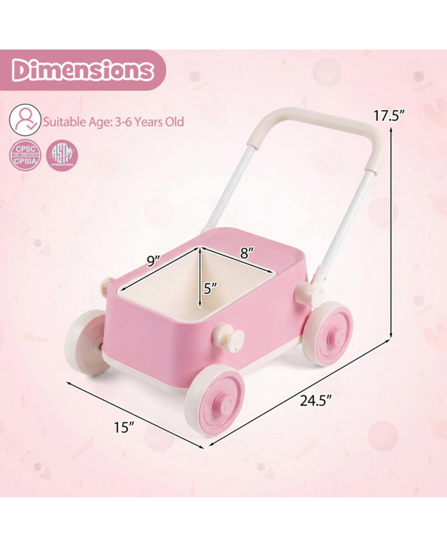 Детская игрушка SUGIFT Baby Push Wagon with Foldable Handlebar and Storage Basket, Ages 3-6, цвет: Розовый — фото 4