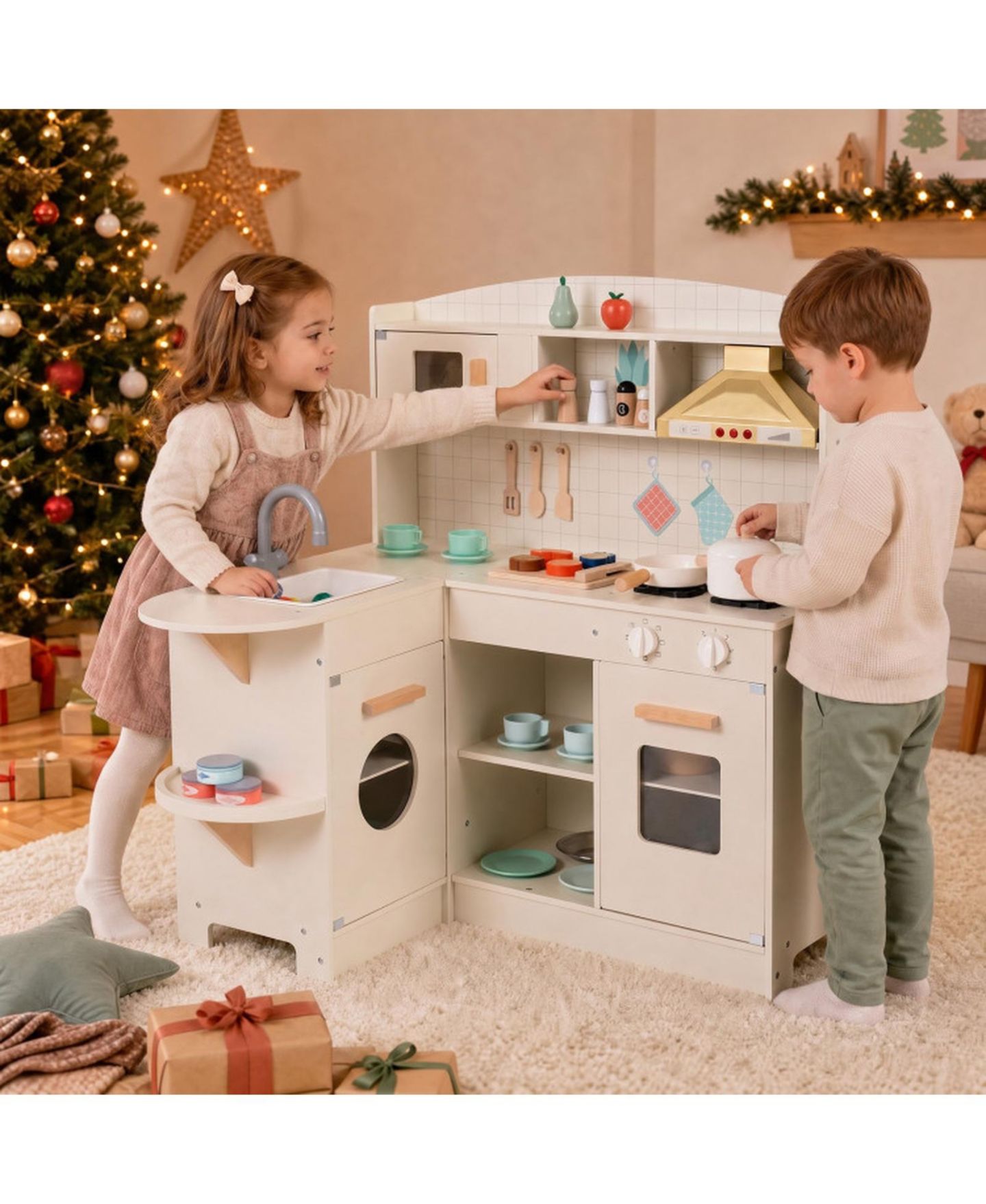 Детская игрушка HONGGE Lights and Sounds Wooden Play Kitchen, Ages 3+ — фото 3