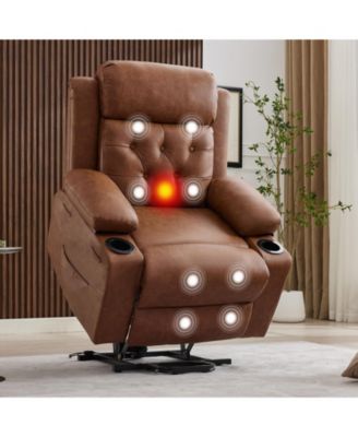 Power Lift Recliner Chair with Massage and Lumbar Heat, Oversized PU Leather Recliner with Cup Holders and Side Pockets, Electric Recliner