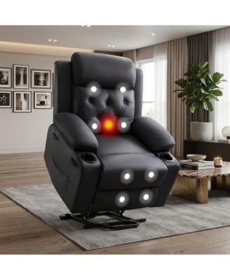Power Lift Recliner Chair with Massage and Lumbar Heat, Oversized PU Leather Recliner with Cup Holders and Side Pockets, Electric Recliner