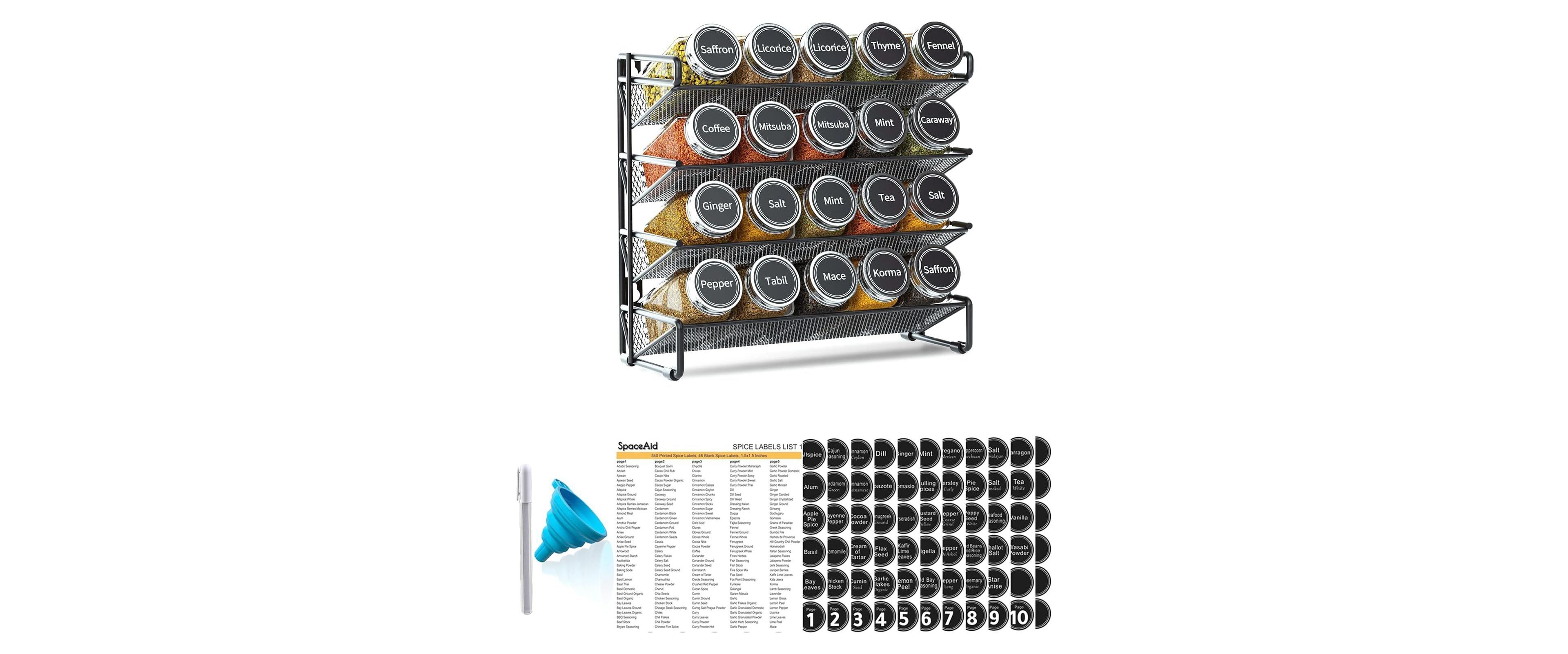 SpaceAid Spice Rack Organizer with 20 Jars, 386 Labels, for Cabinet, Countertop, Pantry or Wall Mount