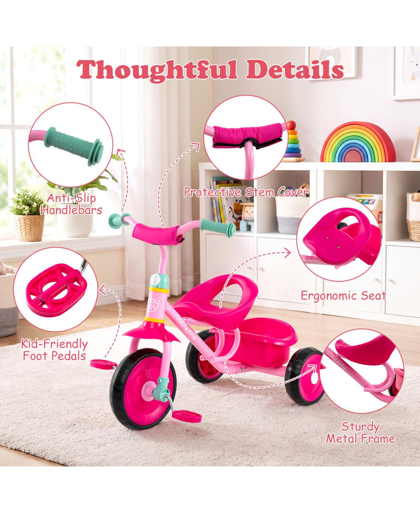 Детская игрушка Costway Toddler Tricycle with Removable Storage Basket, Indoor/Outdoor, 55 lbs Capacity, 2–5 лет, цвет: Розовый — фото 11