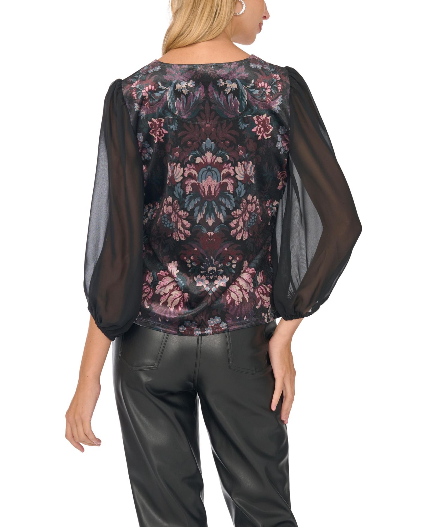 Женская блузка Vince Camuto Floral-Print V-Neck Puff-Sleeve, цвет: Насыщенный чёрный — фото 4