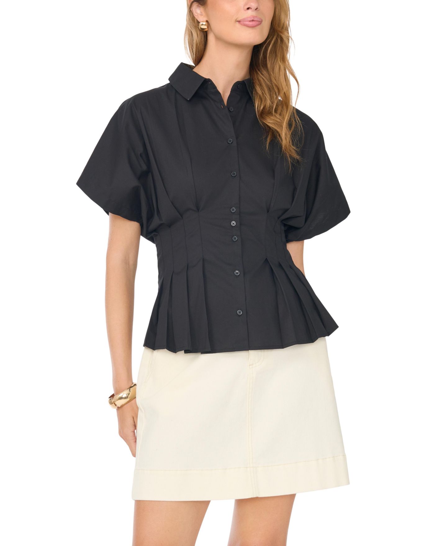 Женская блузка Vince Camuto Pleated-Waist Dolman-Sleeve Cotton, цвет: Насыщенный чёрный — фото 1