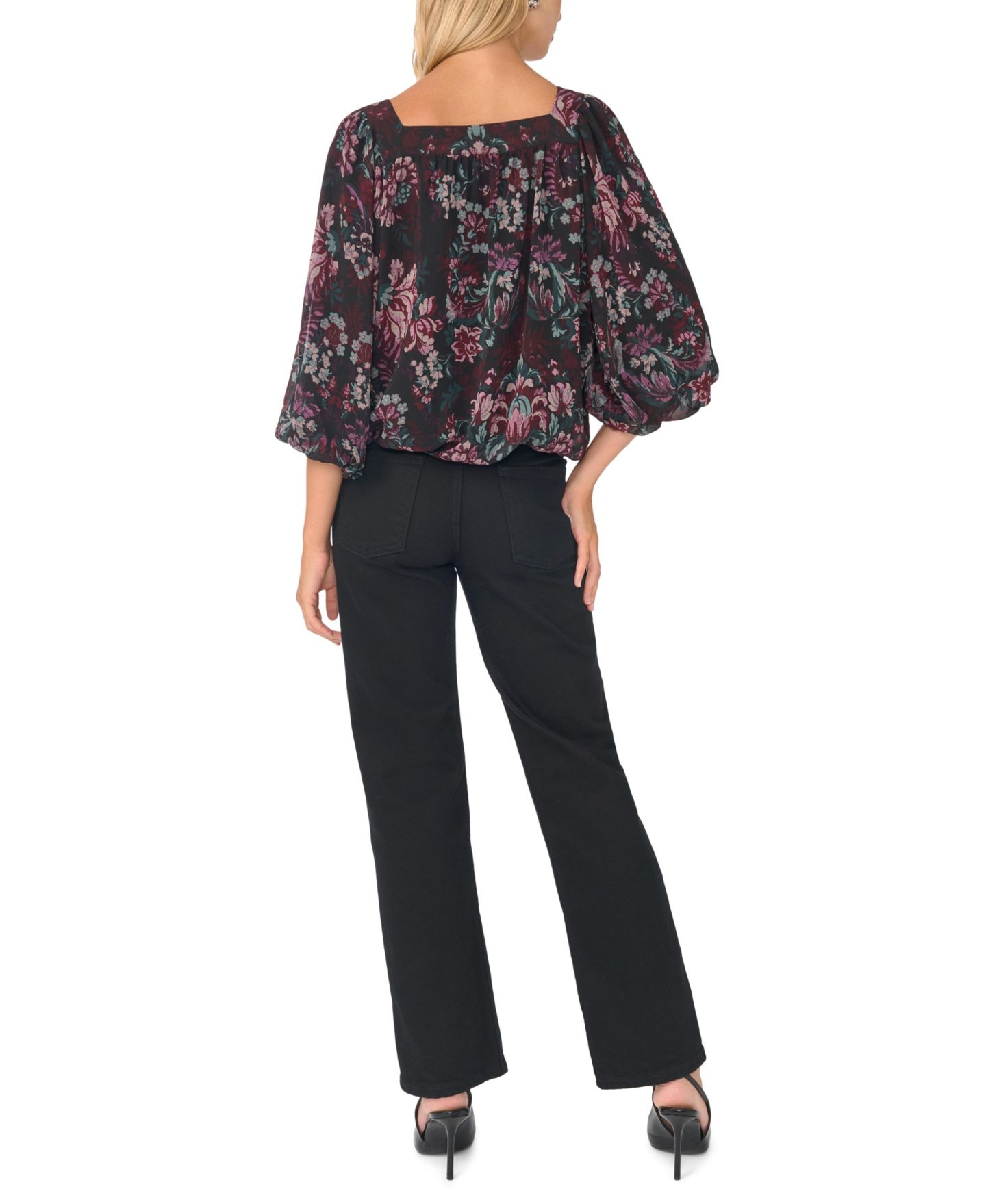 Женская блузка Vince Camuto Damask Floral Square Neck Bubble Short-Sleeve, цвет: Насыщенный чёрный — фото 5