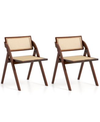 Foldable Set of 2 Dining Chairs with Woven Rattan Backrest