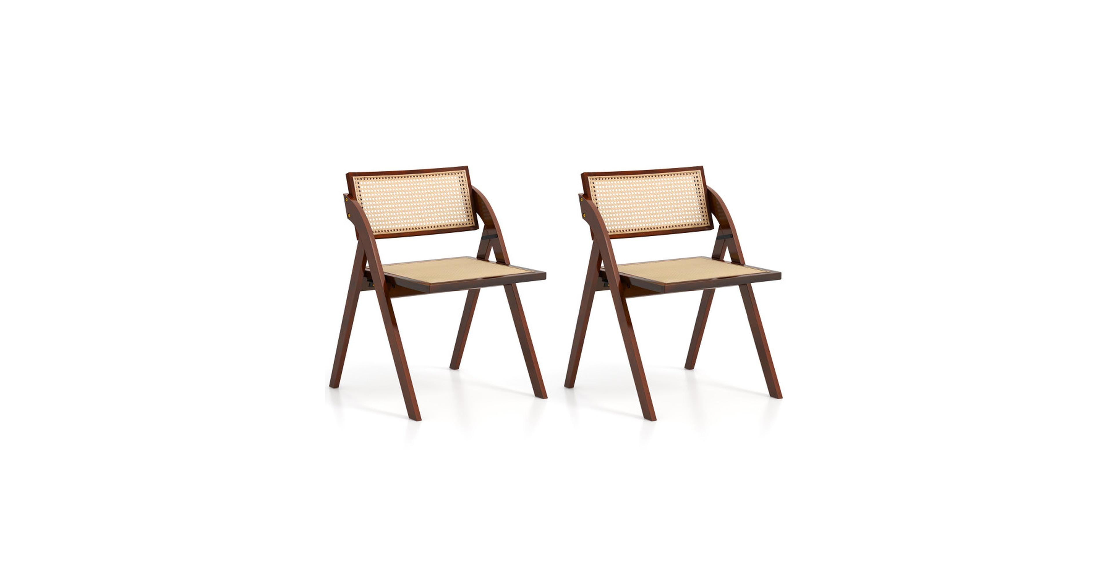 Sugift Foldable Set of 2 Dining Chairs with Woven Rattan Backrest
