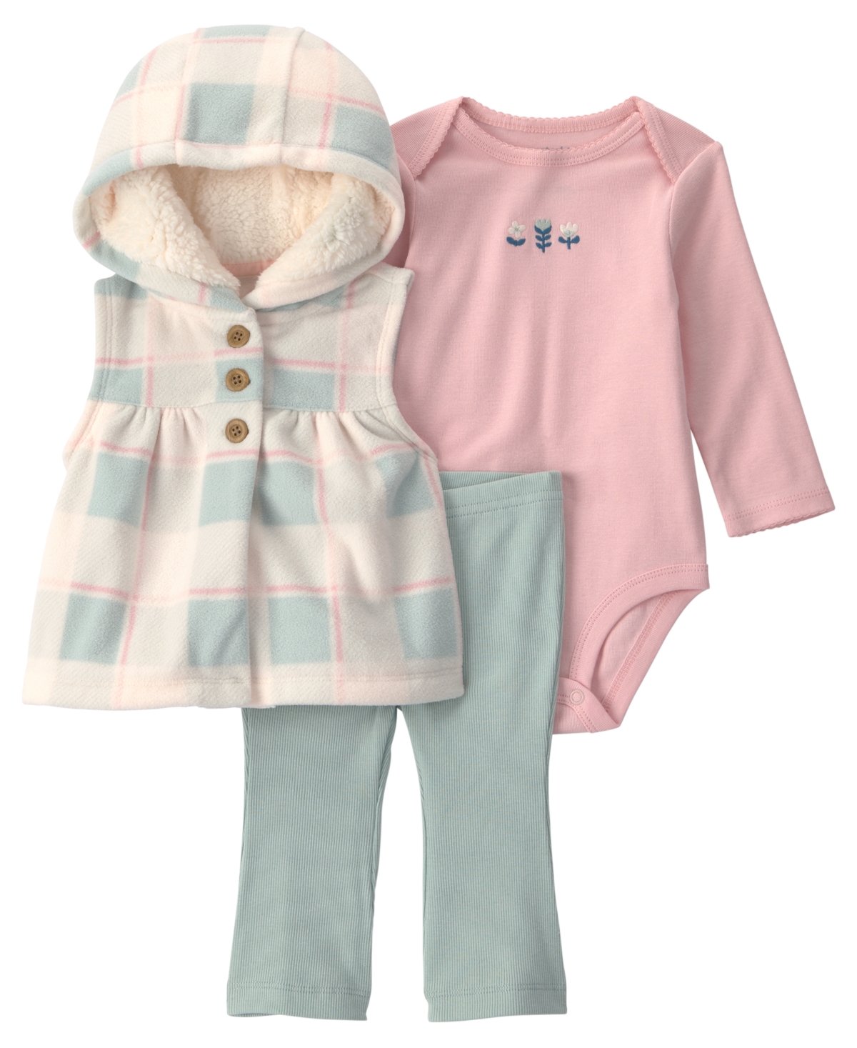 Carter's Baby Girls' Sherpa-Lined Buffalo Check Hooded Vest, Bodysuit, and Flare Pants, 3-Piece Set