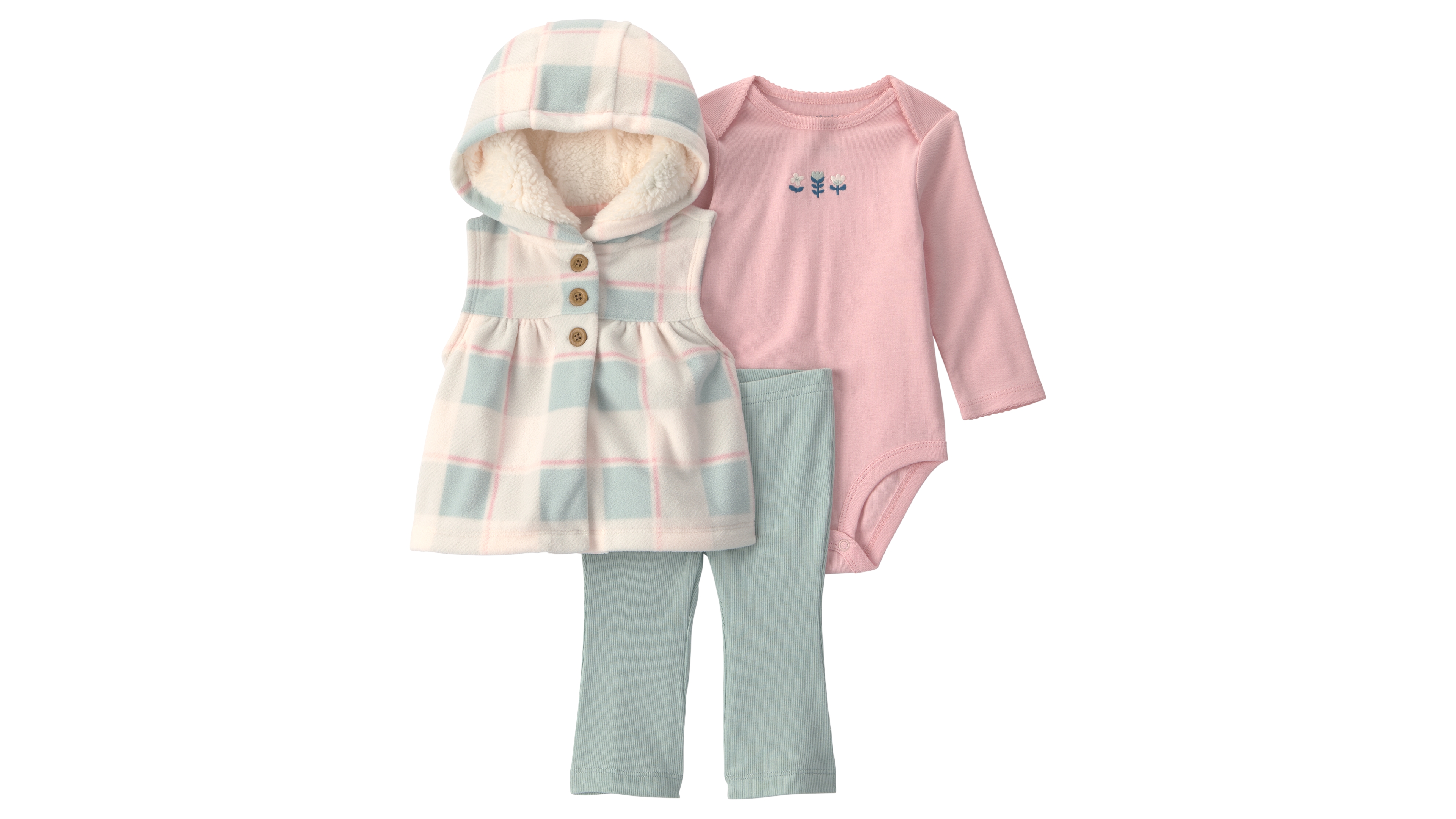 Carter's Baby Girls' Sherpa-Lined Buffalo Check Hooded Vest, Bodysuit, and Flare Pants, 3-Piece Set