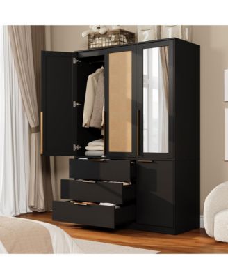 Wooden Wardrobe Armoire with Mirror, 3 Drawers and Rattan Doors, 70" Tall Freestanding Bedroom Clothes Storage Cabinet