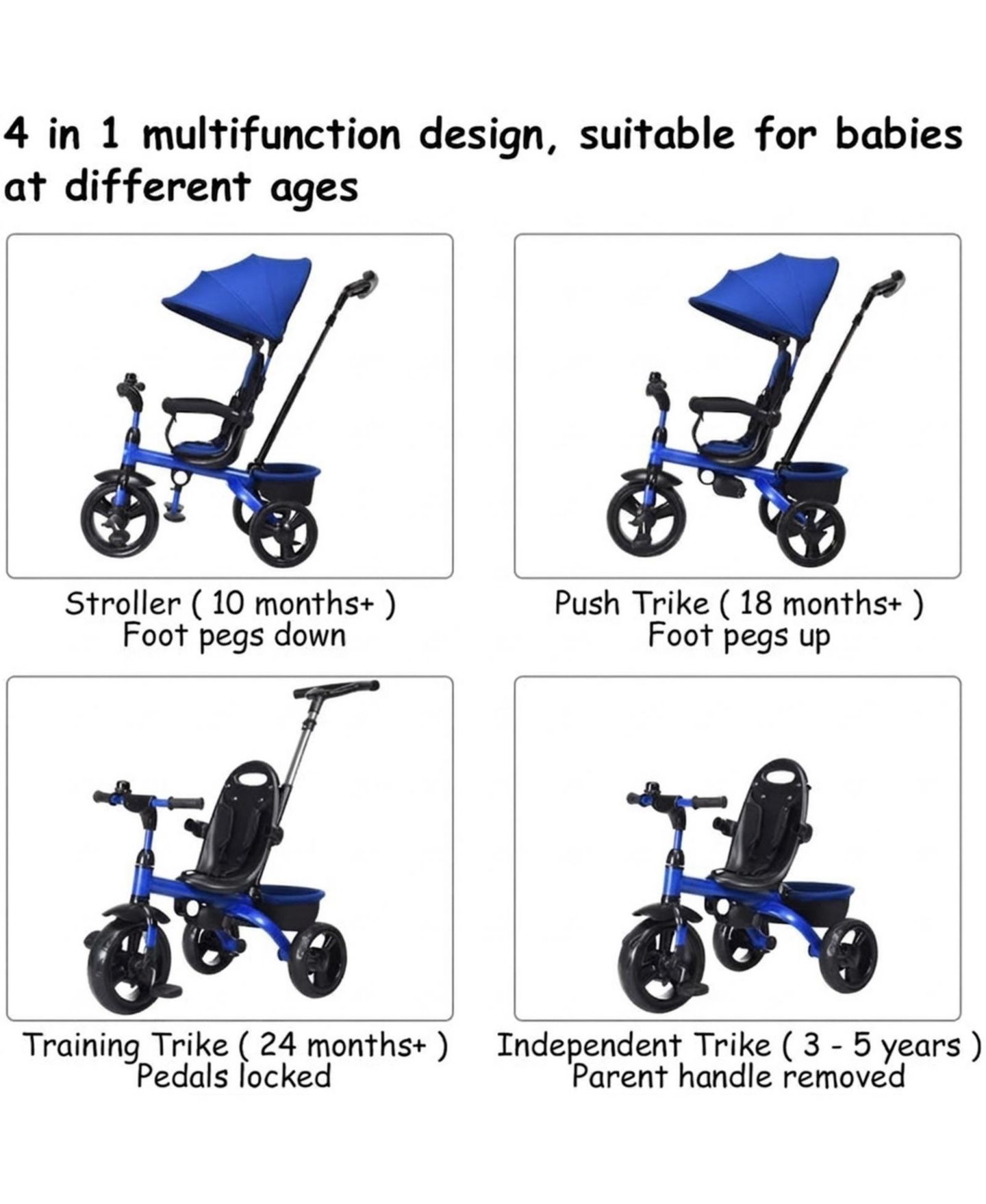 Детская игрушка HONGGE 4-in-1 Kids Tricycle with Adjustable Push Handle, 50 lbs Capacity, Ages 10 Months-5 Years, цвет: Синий — фото 3