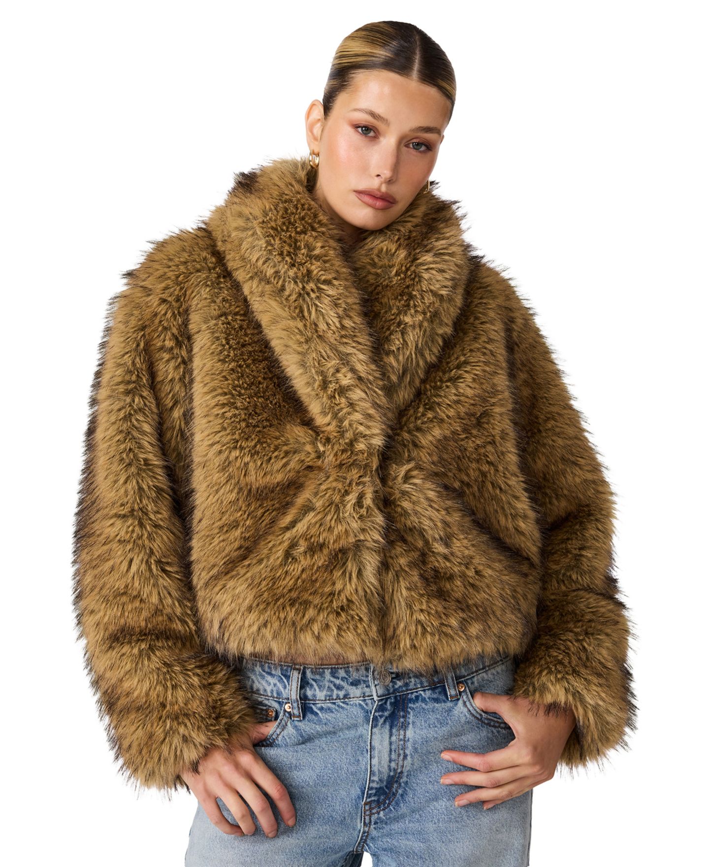 Женское пальто Steve Madden Roe Shawl Collar Cropped Faux Fur, цвет: Медовый — фото 5