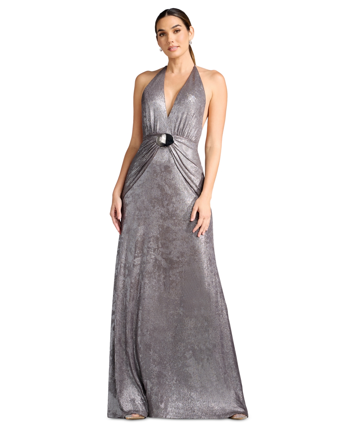 Dress the Population Women's Elide Plunging Open Back Halter Metal Hardware Maxi Dress - Gunmetal