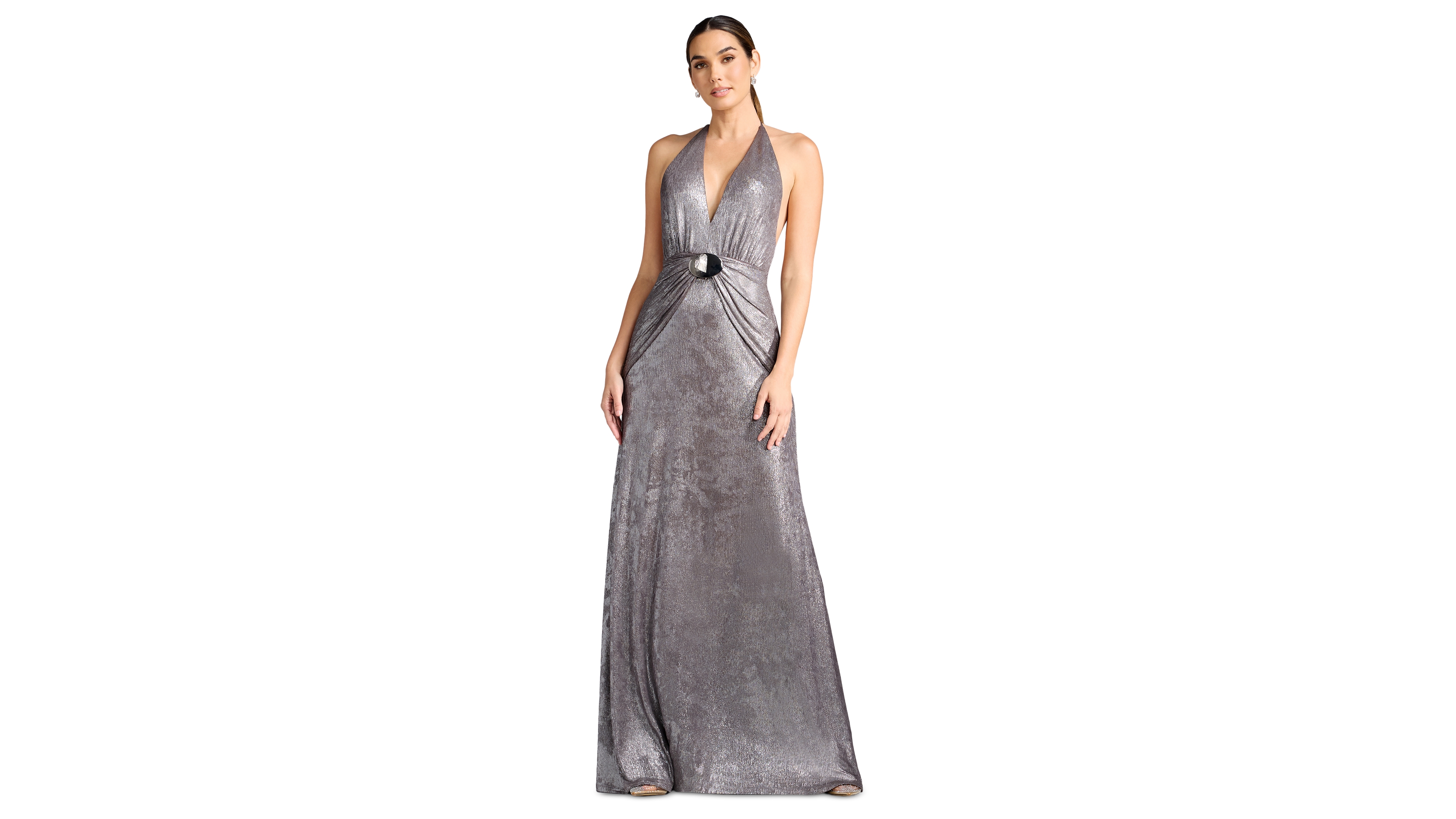 Dress the Population Women's Elide Plunging Open Back Halter Metal Hardware Maxi