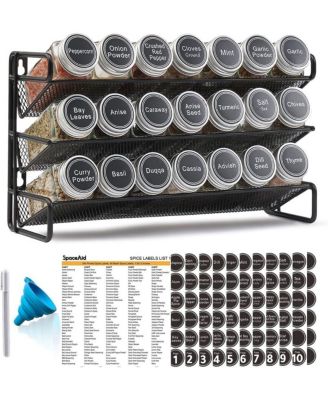 3-Tier Spice Rack Organizer Set with 21 Glass Jars, 386 Waterproof Labels, Chalk Marker and Funnel
