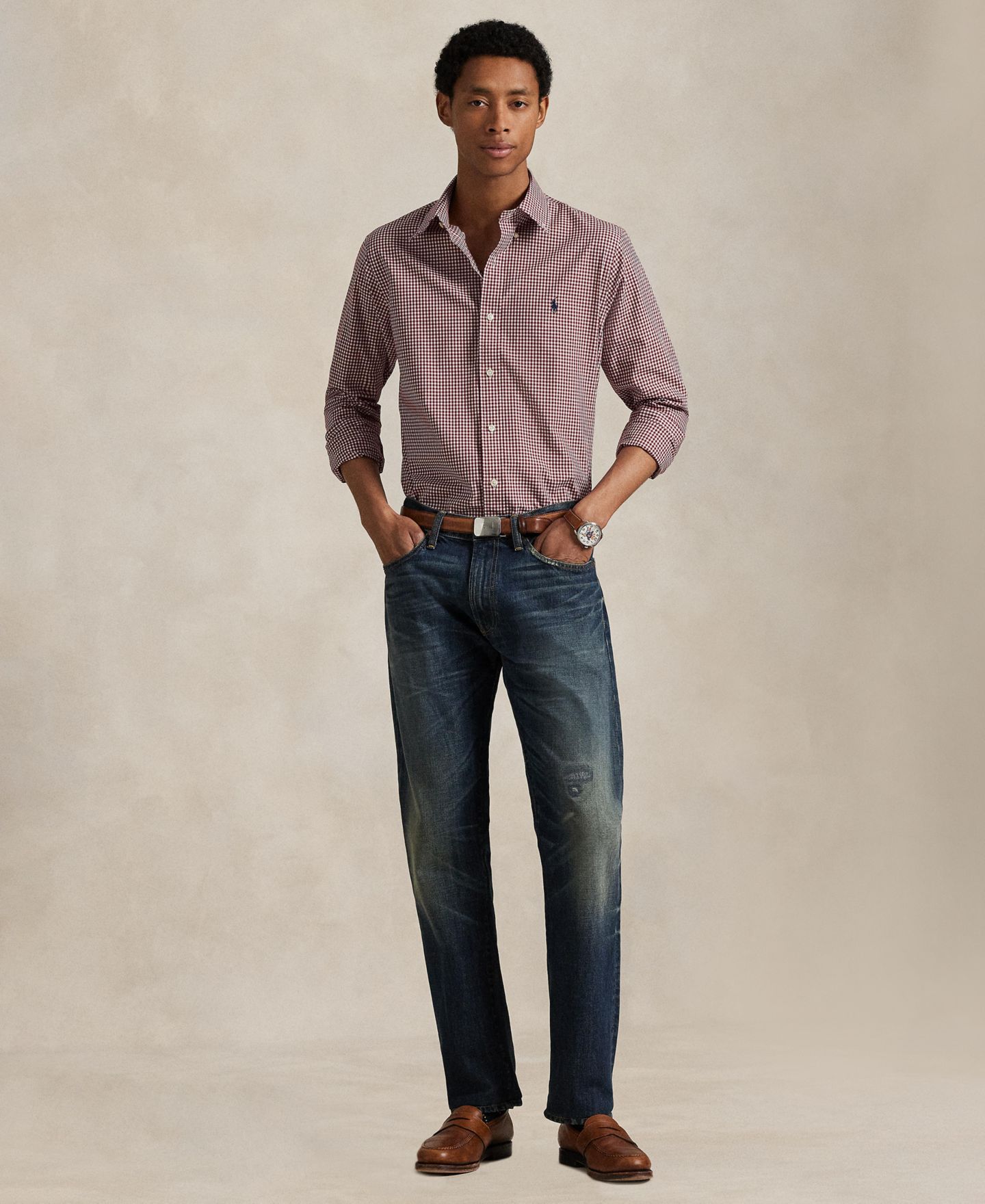 Мужская рубашка Polo Ralph Lauren Custom из поплина со стрейчем в клетку гингем, цвет: Винный / Белый — фото 2