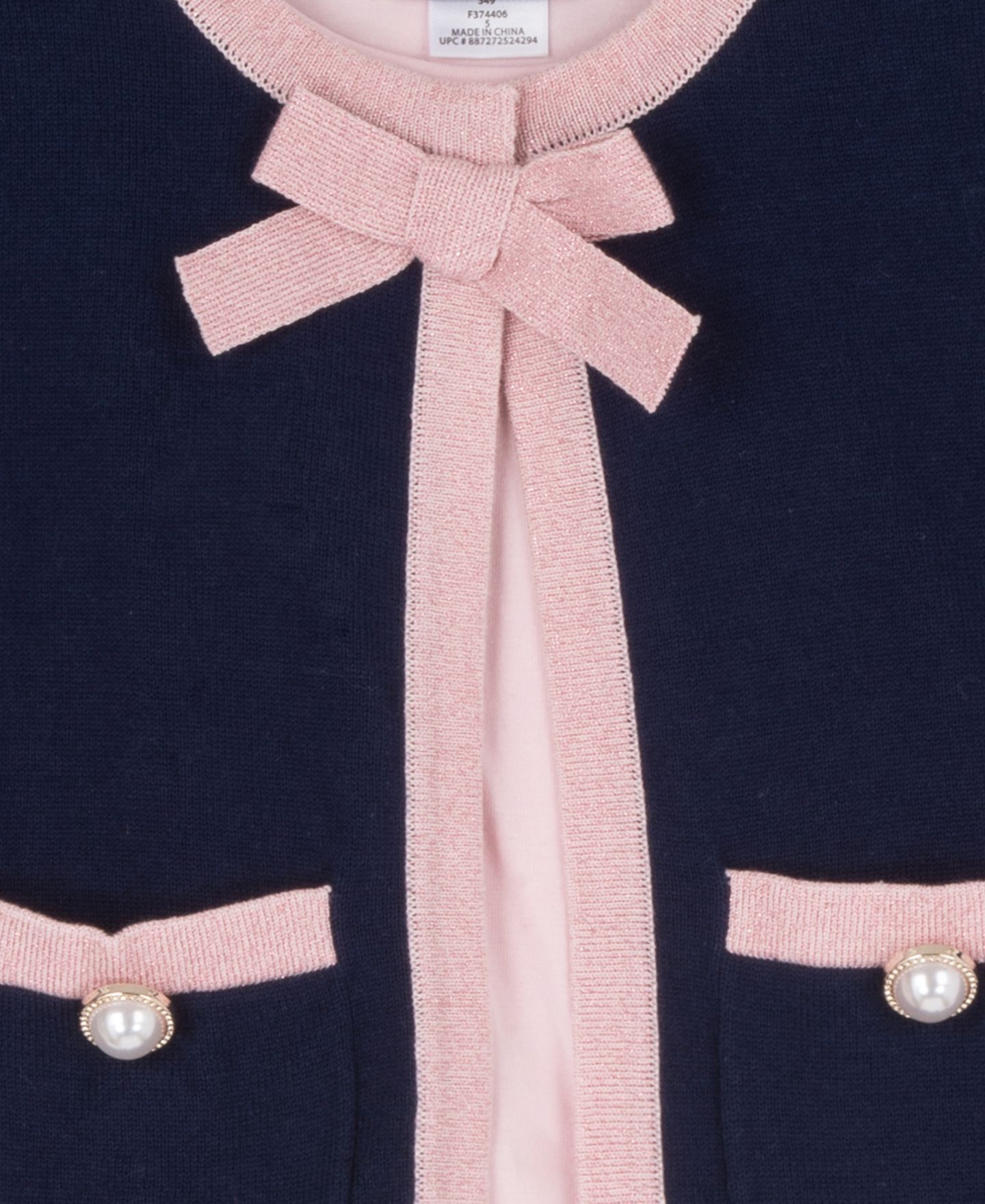 Rare Editions Girls' 4-6X Imitation Pearl Long-Sleeve Cardigan & Knit Skort, 3-Piece Set, цвет: Тёмно-синий — фото 3