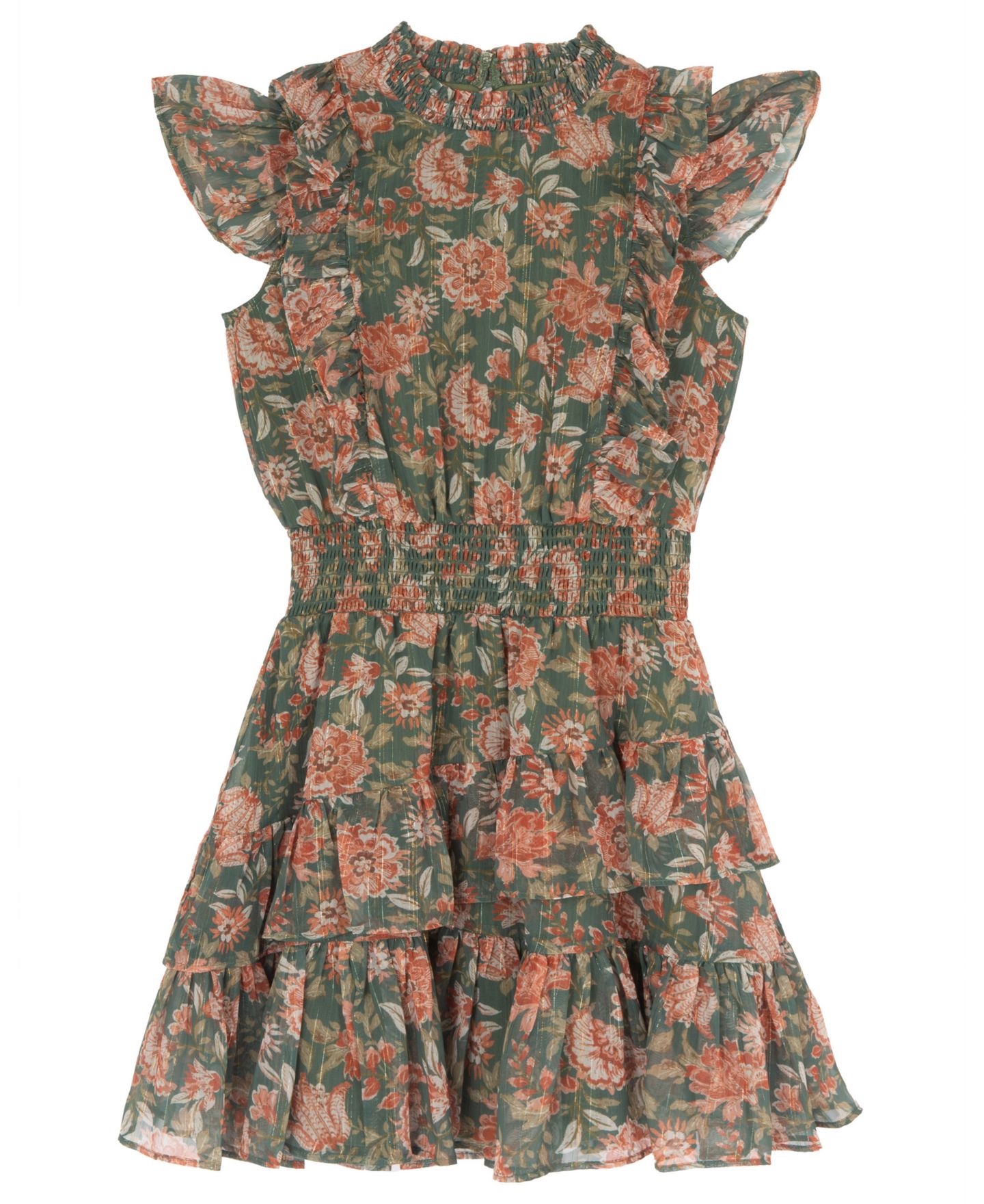 Комплекты Rare Editions Floral-Print Tiered-Ruffle Dress with Faux Suede Jacket and Necklace, 3-Piece Set для девочек, цвет: Оливковый — фото 7