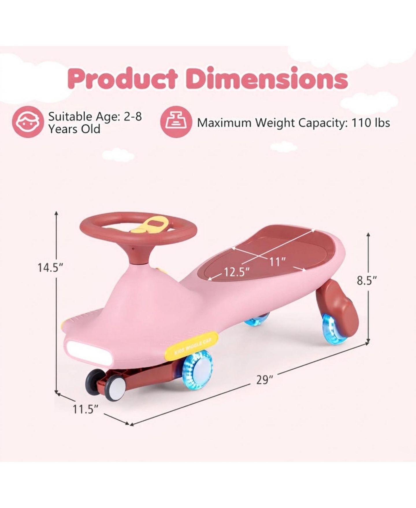 Детская игрушка HONGGE Wiggle Car with Six LED Flashing Wheels, No Pedals, Ages 2-8, цвет: Розовый — фото 2