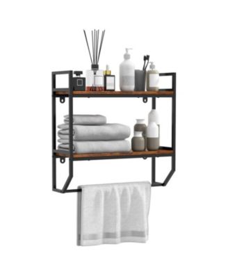 23 Inch 2-Tier Engineered Wood and Metal Wall-Mounted Over-the-Toilet Storage Shelf with Towel Bar