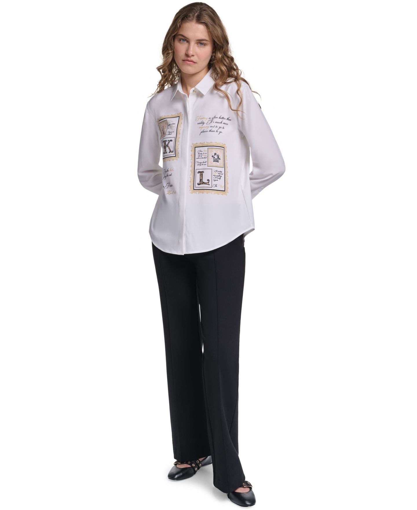 Женский топ KARL LAGERFELD PARIS Karl Frames Point Collar Long Sleeve Button Down, цвет: Мягкий белый — фото 2