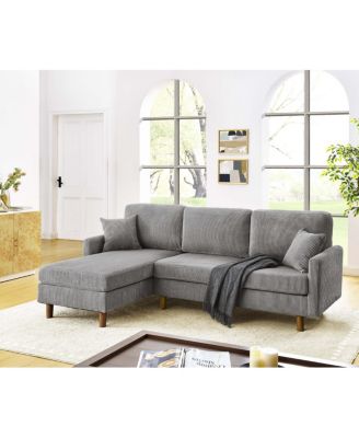 Corduroy Upholstered Sectional with Wooden Legs and Toss Pillows