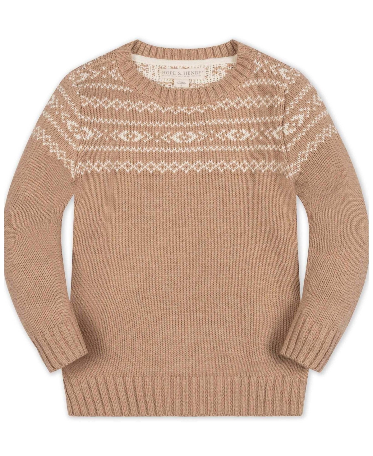 Hope & Henry Boys' 4-20 Fair Isle Organic Cotton Crewneck Sweater - Camel fair isle