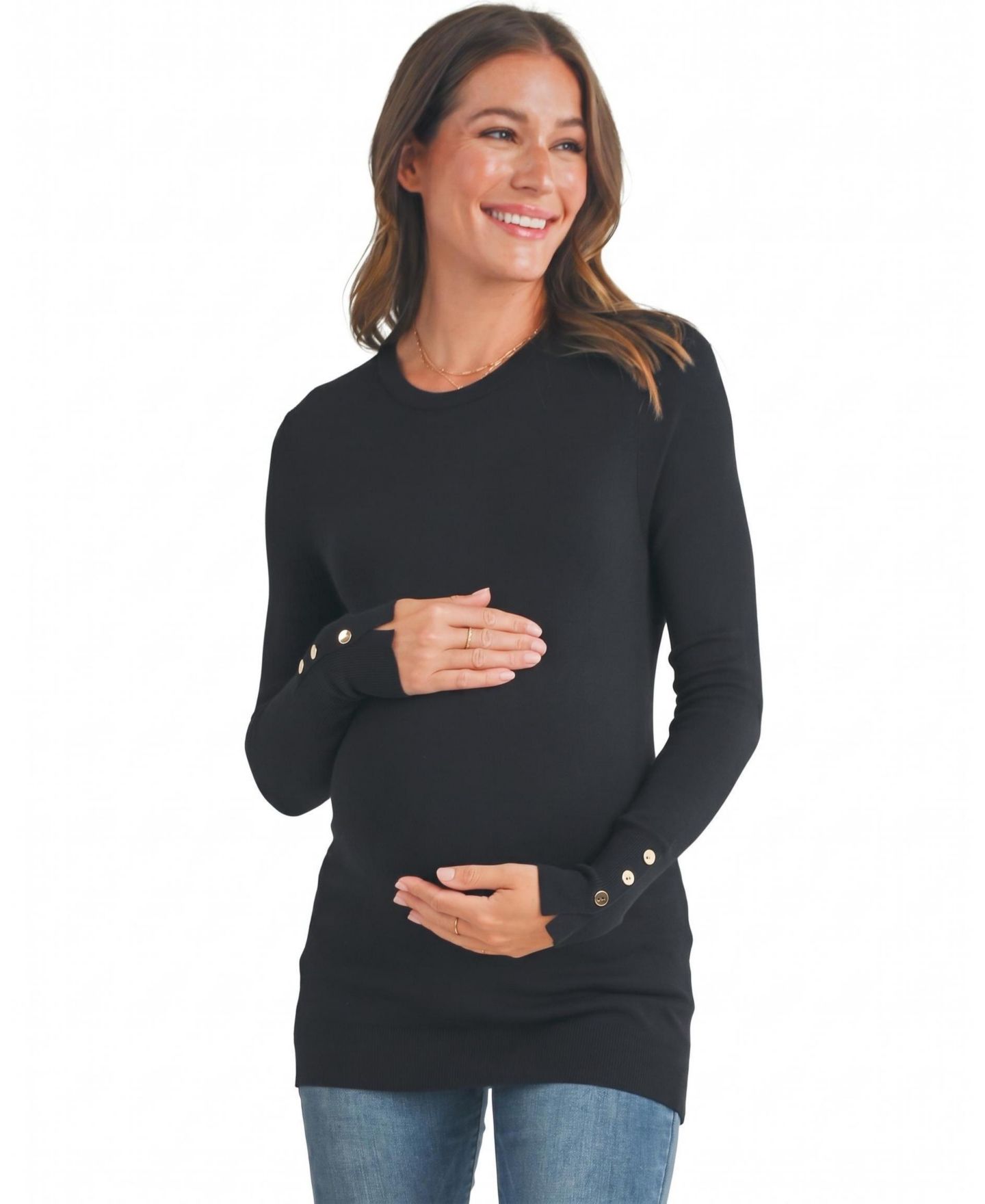 Женский свитер Hello Miz Maternity Long-Sleeve Crew Neck Button-Detail, цвет: Чёрный — фото 1