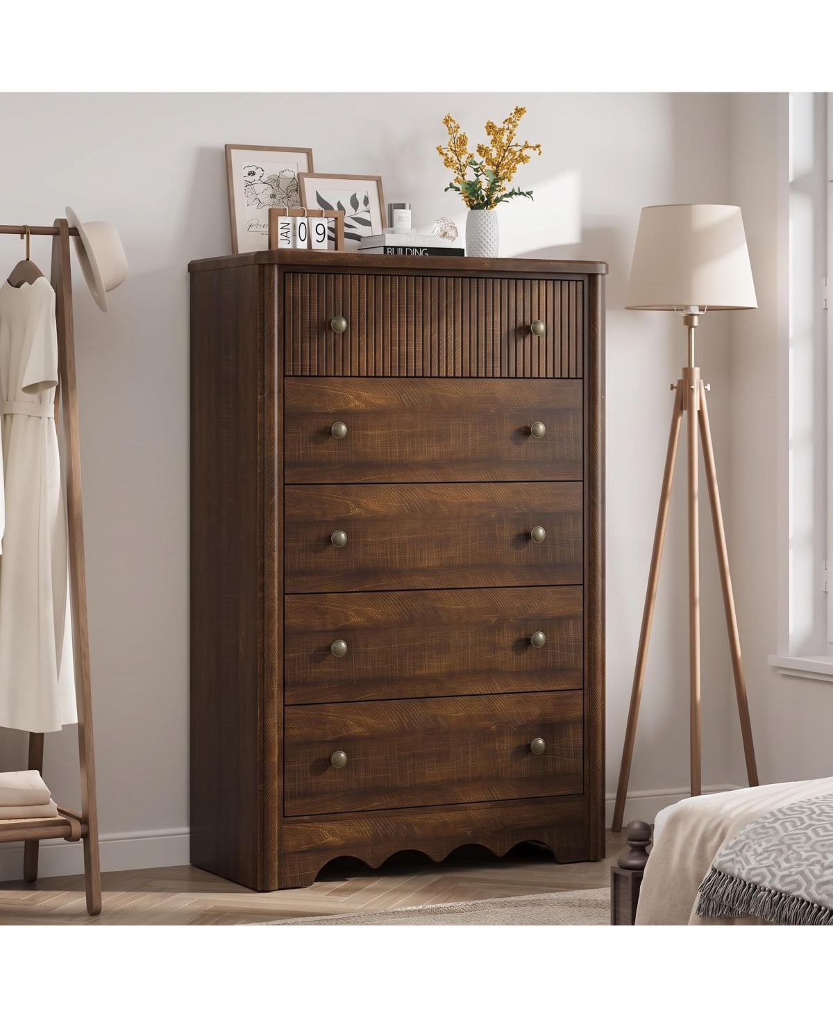 homfan Fluted Dresser for Bedroom, Farmhouse 5-Drawer Dresser