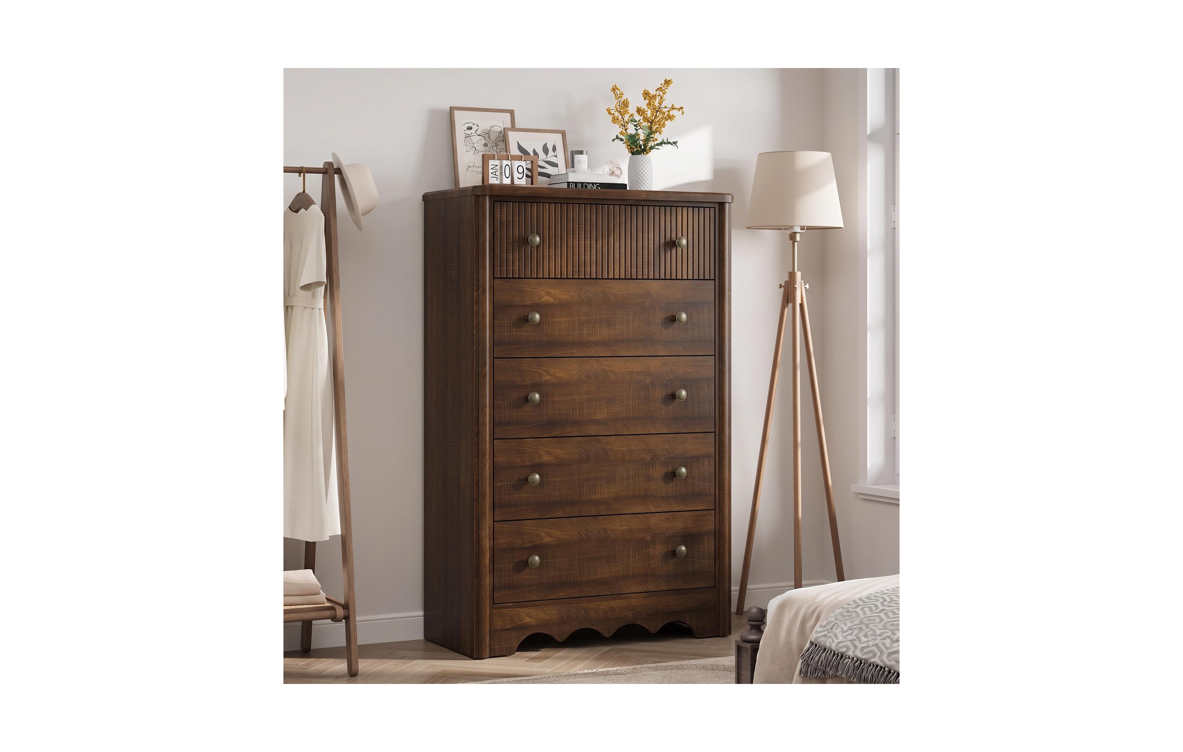 homfan Fluted Dresser for Bedroom, Farmhouse 5-Drawer Dresser