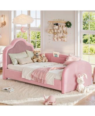 Twin Upholstered Kids Floor Bed with Safety Rails and Storage