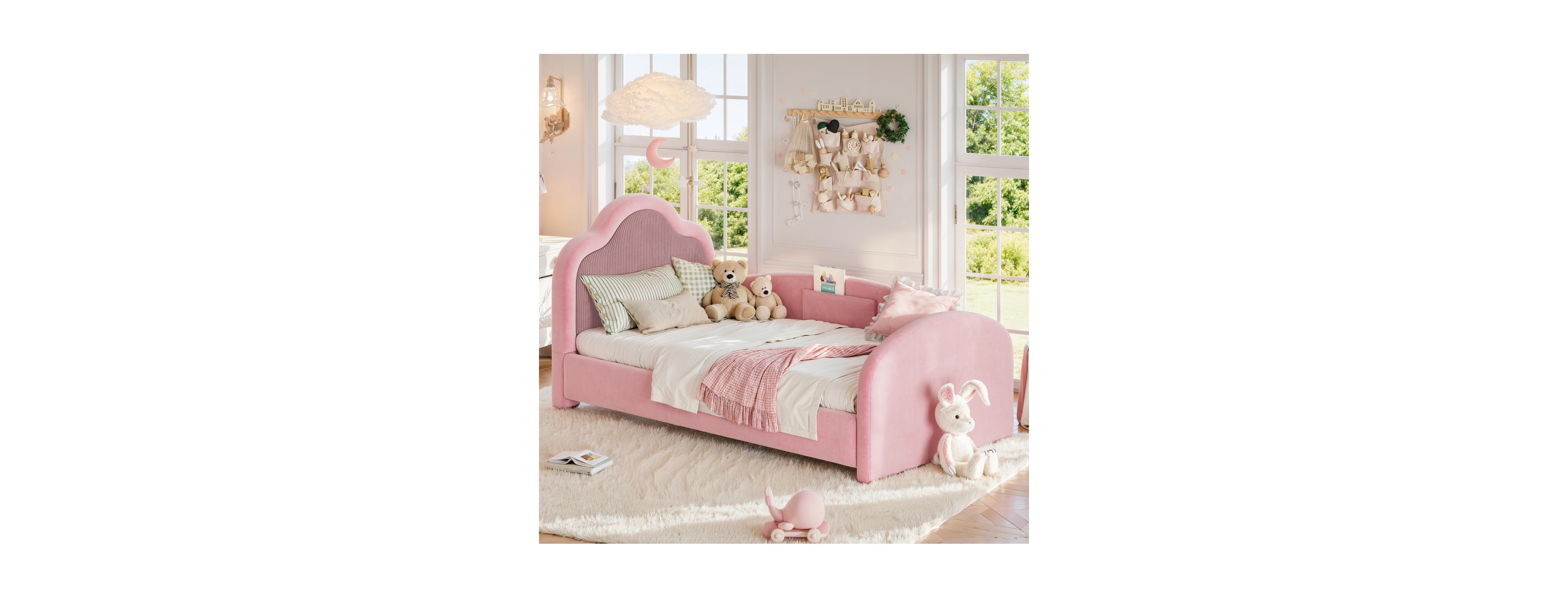Streamdale Furniture Twin Upholstered Kids Floor Bed with Safety Rails and Storage