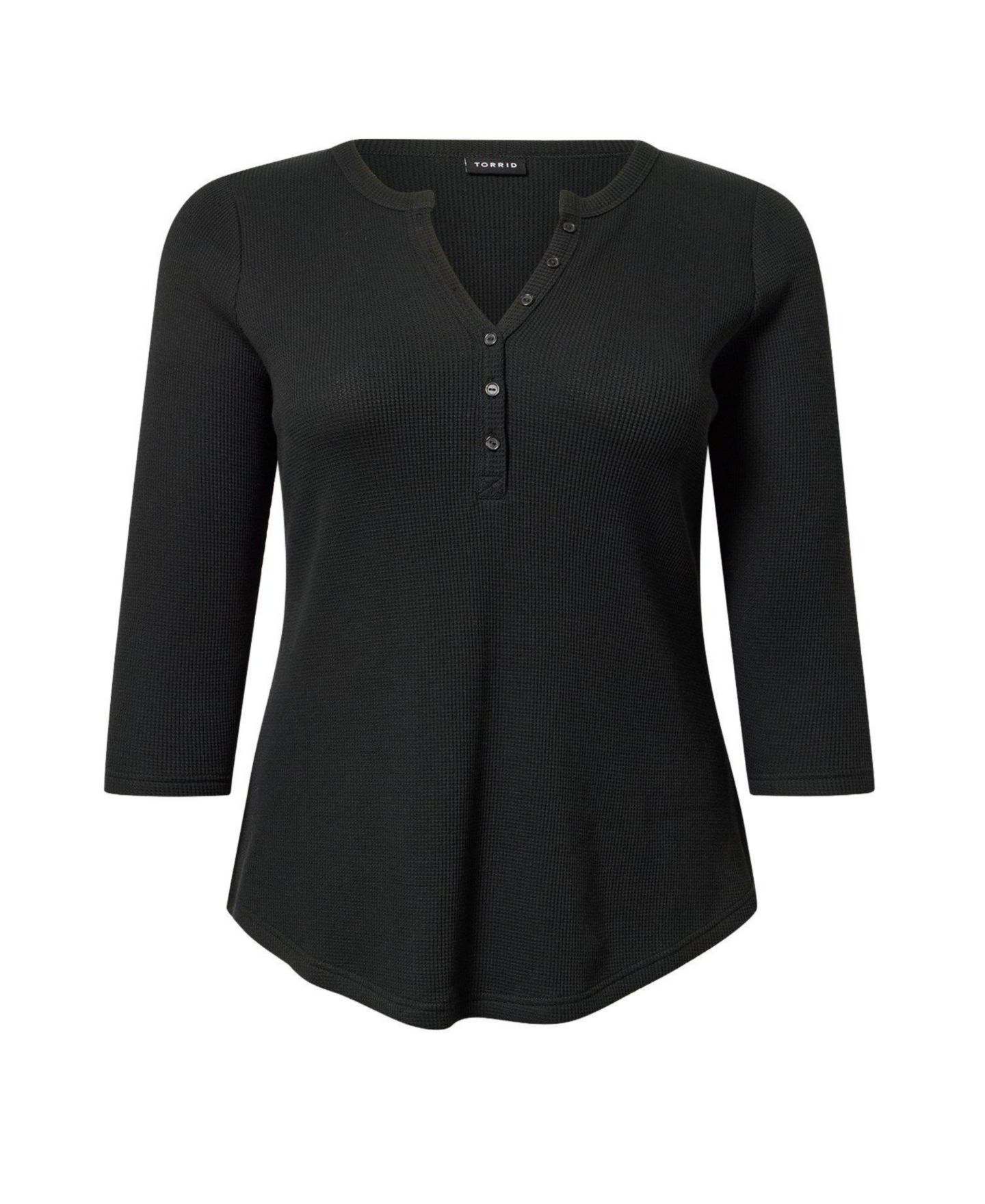 Женский топ Torrid Plus Size Thermal V-Neck 3/4-Sleeve Henley, цвет: Глубокий чёрный — фото 2