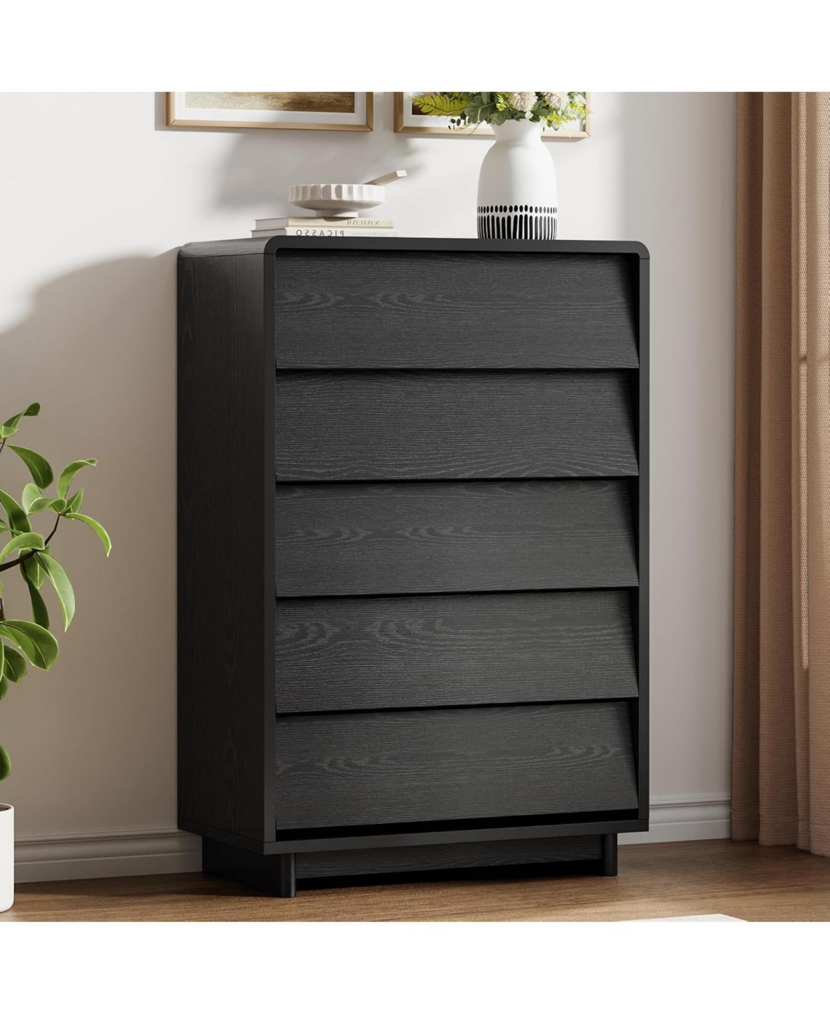 gaomon 5 Drawer Dresser, Modern Wood Tall Dresser with Handle-Free and Curved-Edge Design