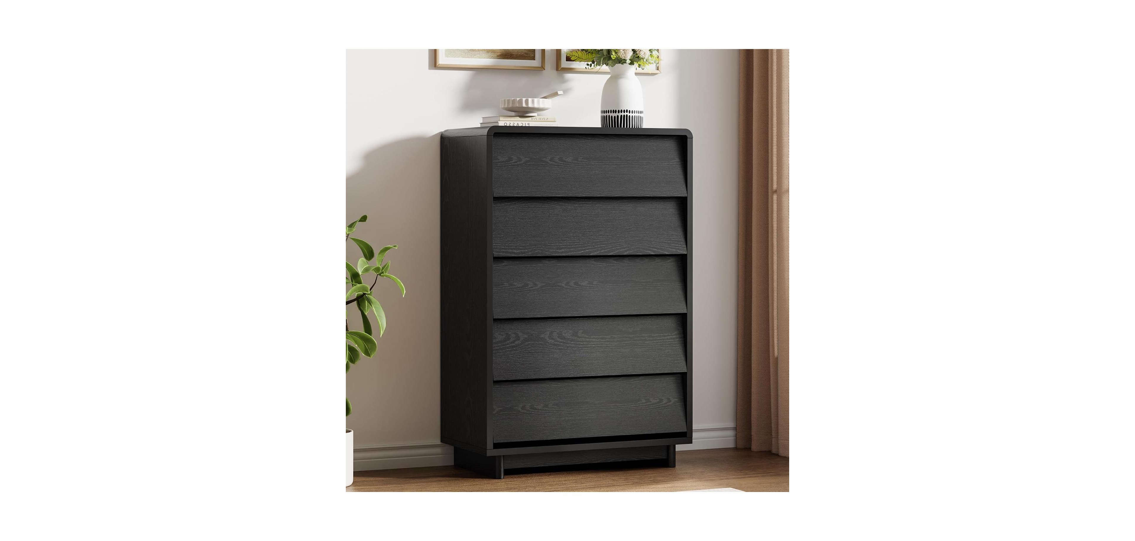 gaomon 5 Drawer Dresser, Modern Wood Tall Dresser with Handle-Free and Curved-Edge Design