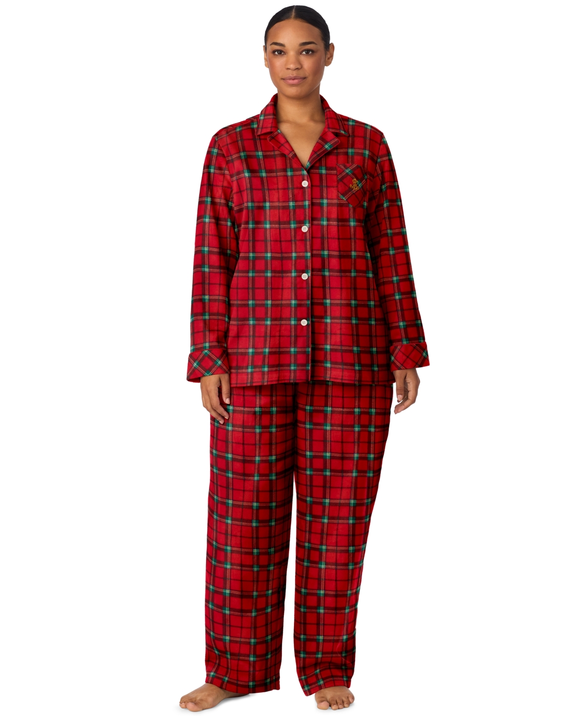 Lauren Ralph Lauren Plus Size Long-Sleeve Notch Collar Fleece Top and Pants, 2-Piece Set - Red Plaid