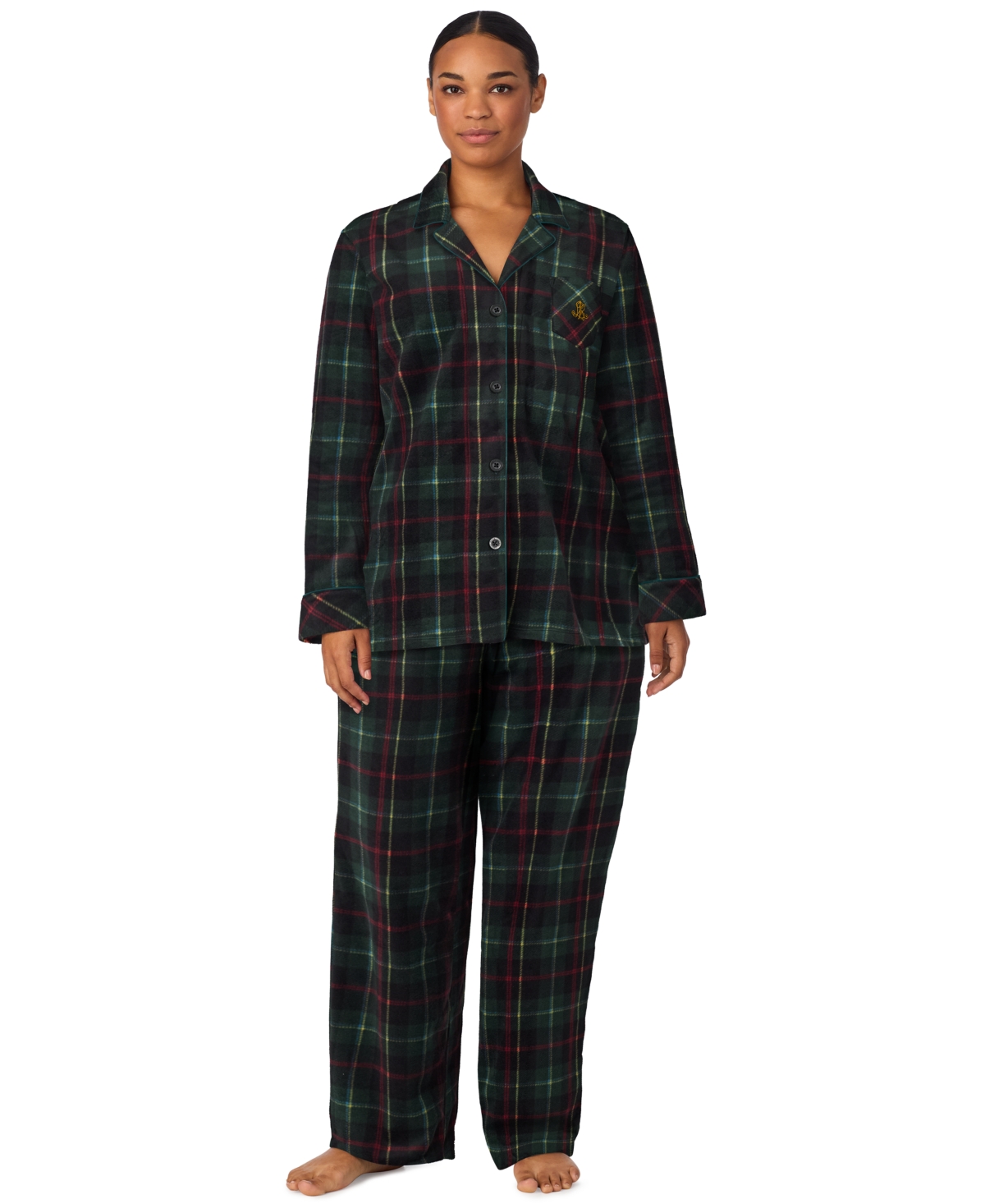 Lauren Ralph Lauren Plus Size Long-Sleeve Notch Collar Fleece Top and Pants, 2-Piece Set - Green Plaid