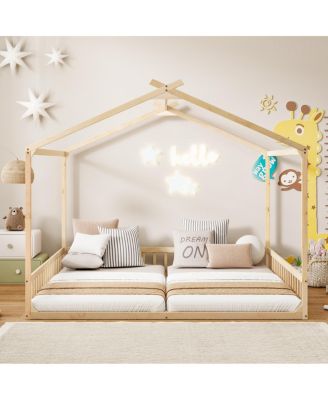 Double Twin House-Shaped Floor Bed with Safety Guardrails, without door