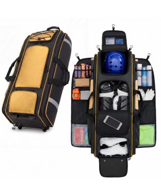 100L Rolling Baseball Catchers Gear Bag 5 Hook Dugout Organizer